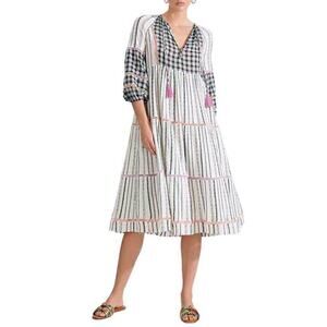Veronica Beard Gingham Prairie Dress Check Tiered Cotton Balloon Sleeve Roomy XS